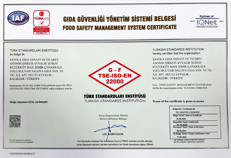 Savola Gıda Güvenliği Yönetim Sistemi Belgesi